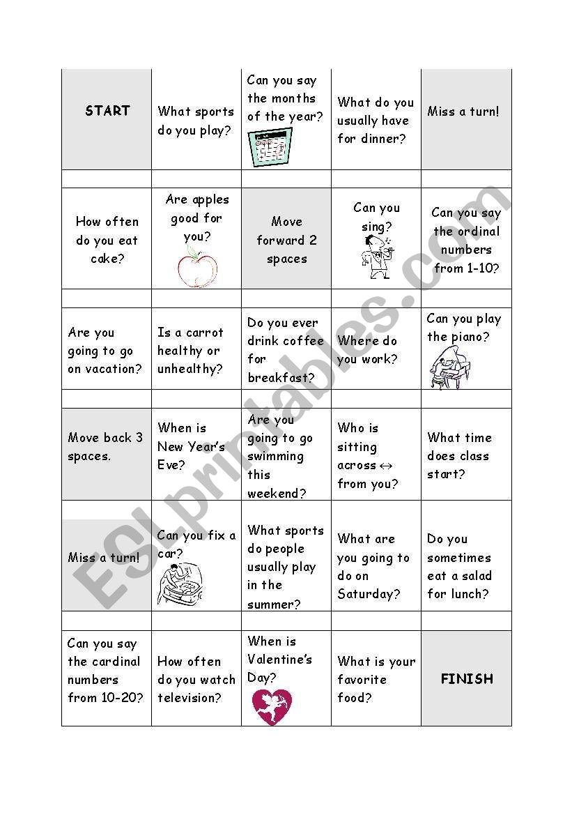 Board Game worksheet