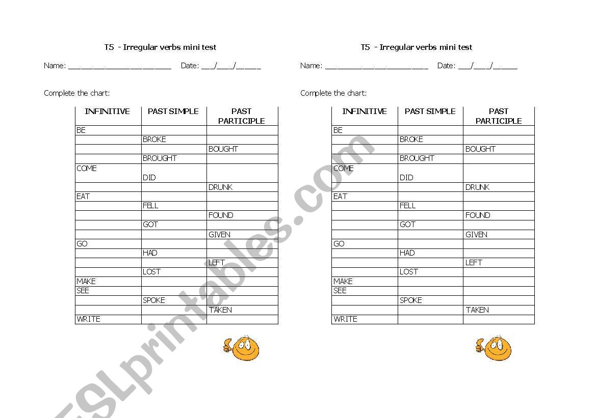 irregular verbs mini test worksheet