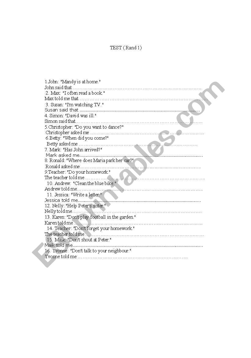 Reported Speech worksheet