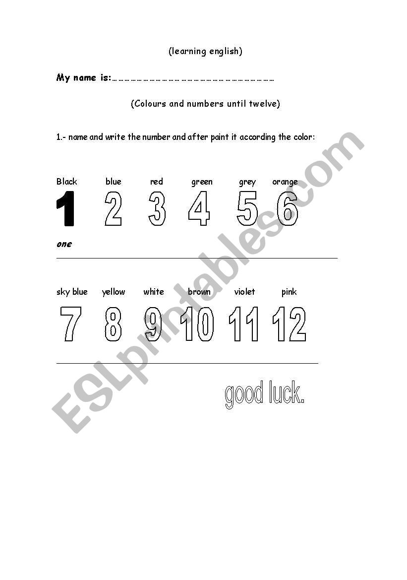 colours and numbers worksheet