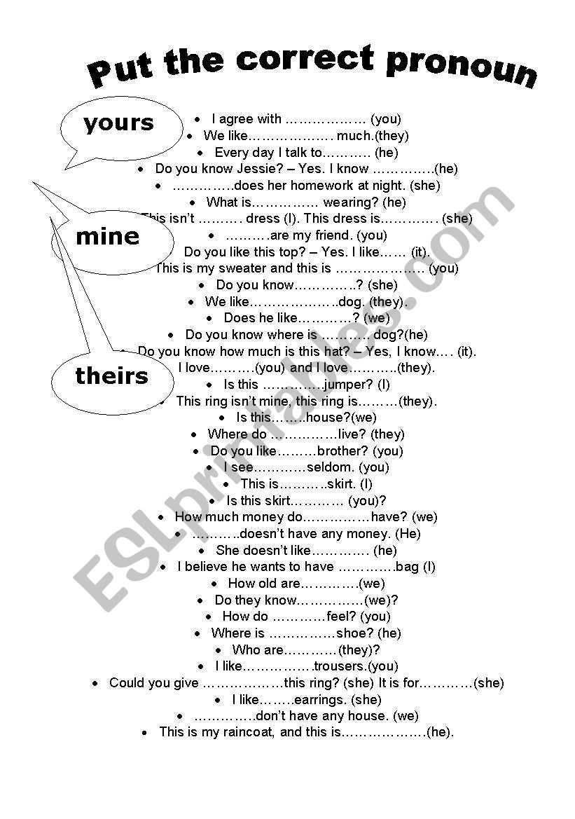 Correct Pronoun worksheet