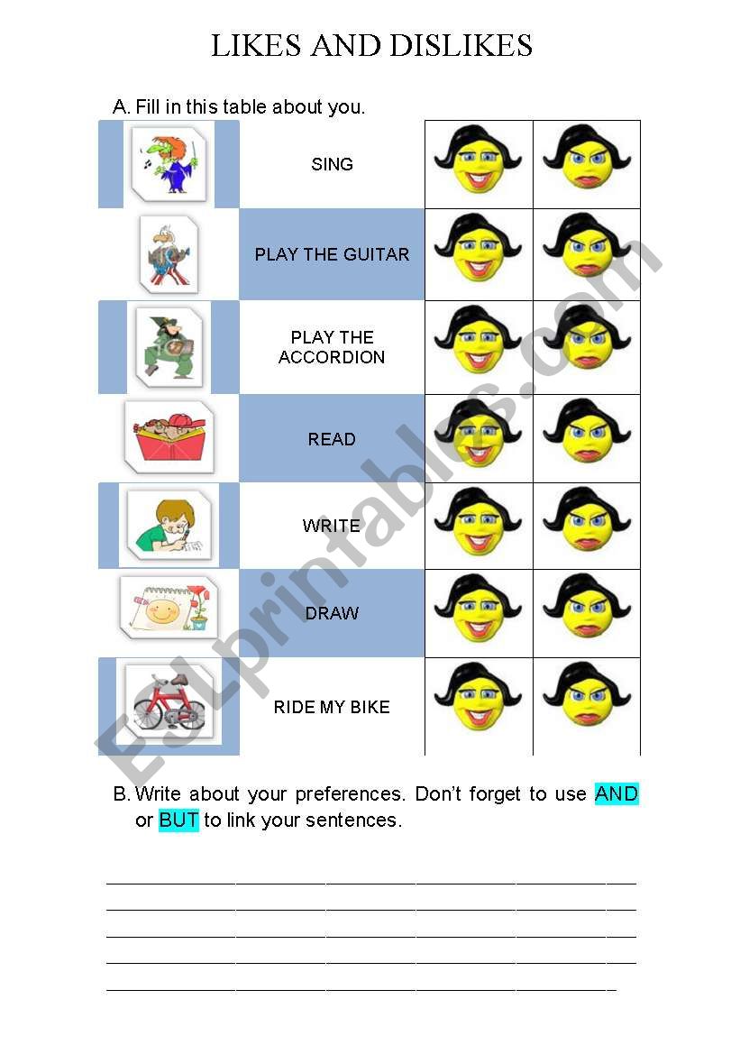 Likes and Dislikes worksheet