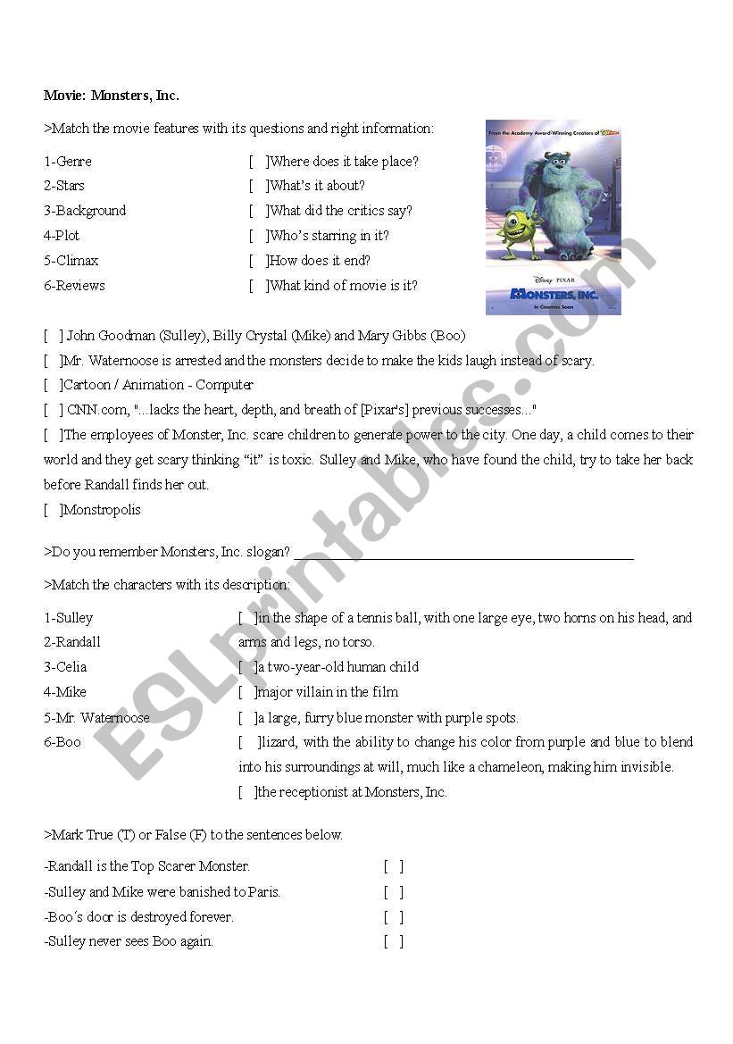 Movie: Monster, Inc. worksheet