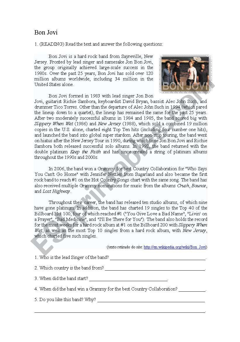 Music - Bon Jovi worksheet