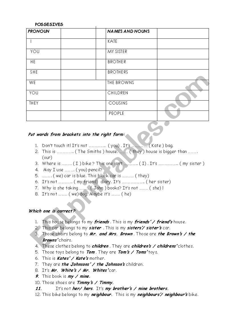 possessives pronouns worksheet