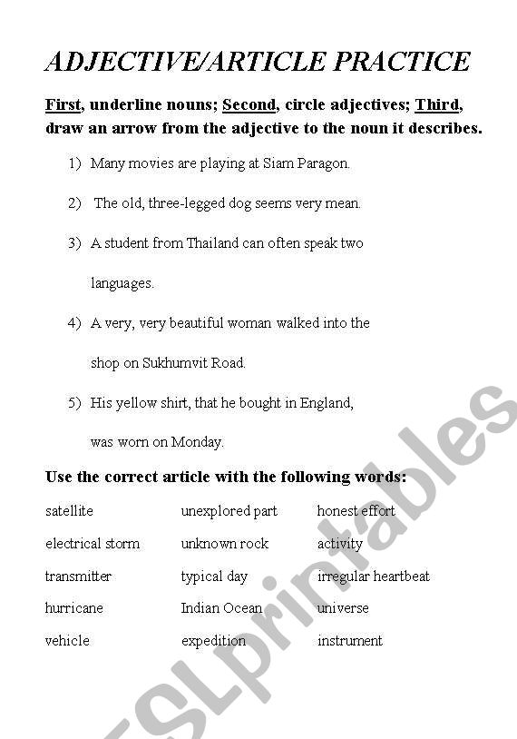 Adjective/Article Practice worksheet