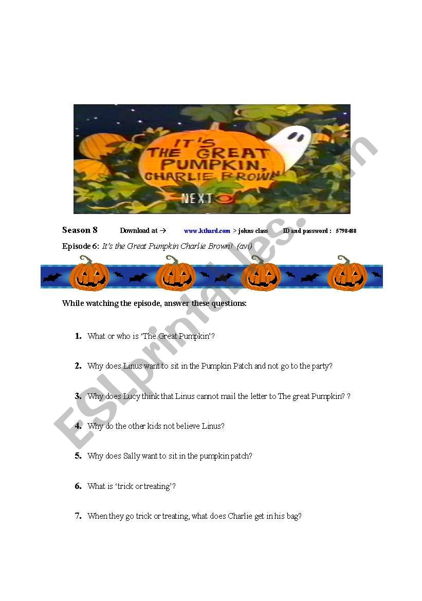 Its The Great Pumpkin Charlie Brown!!    Worksheet and VDO