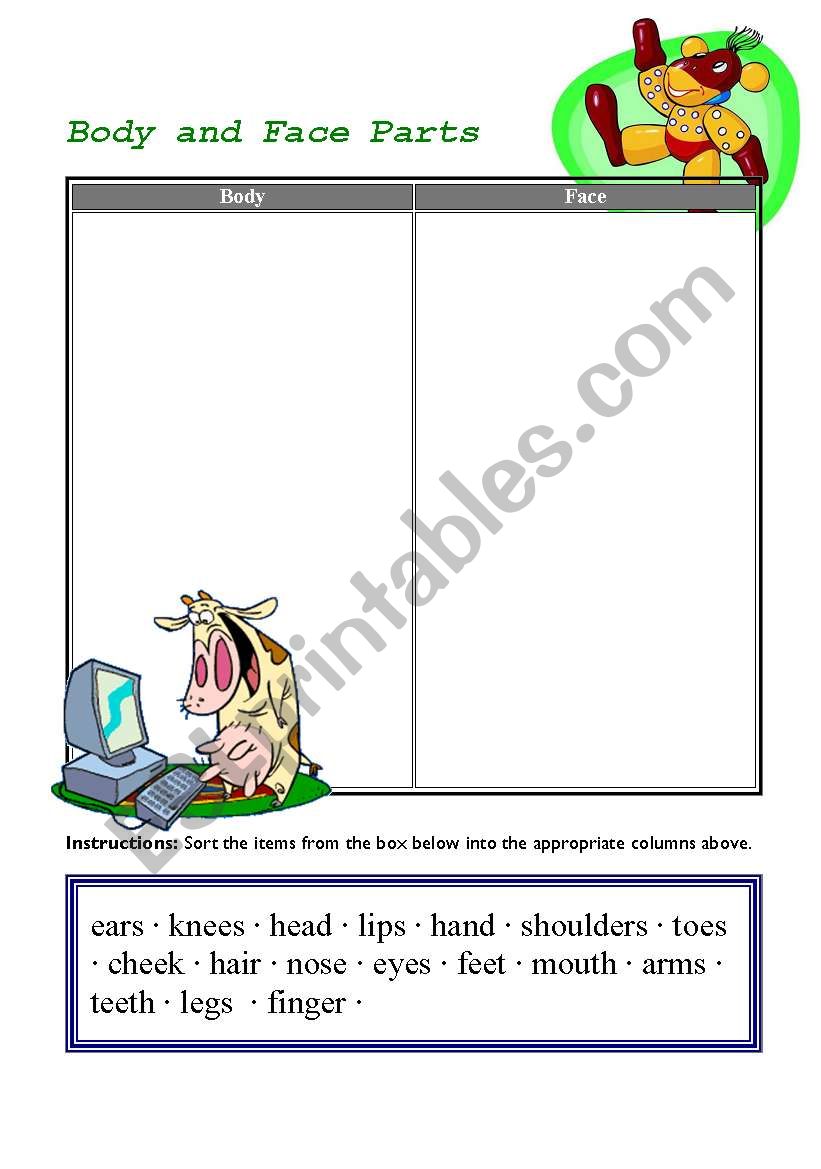 body and face parts worksheet