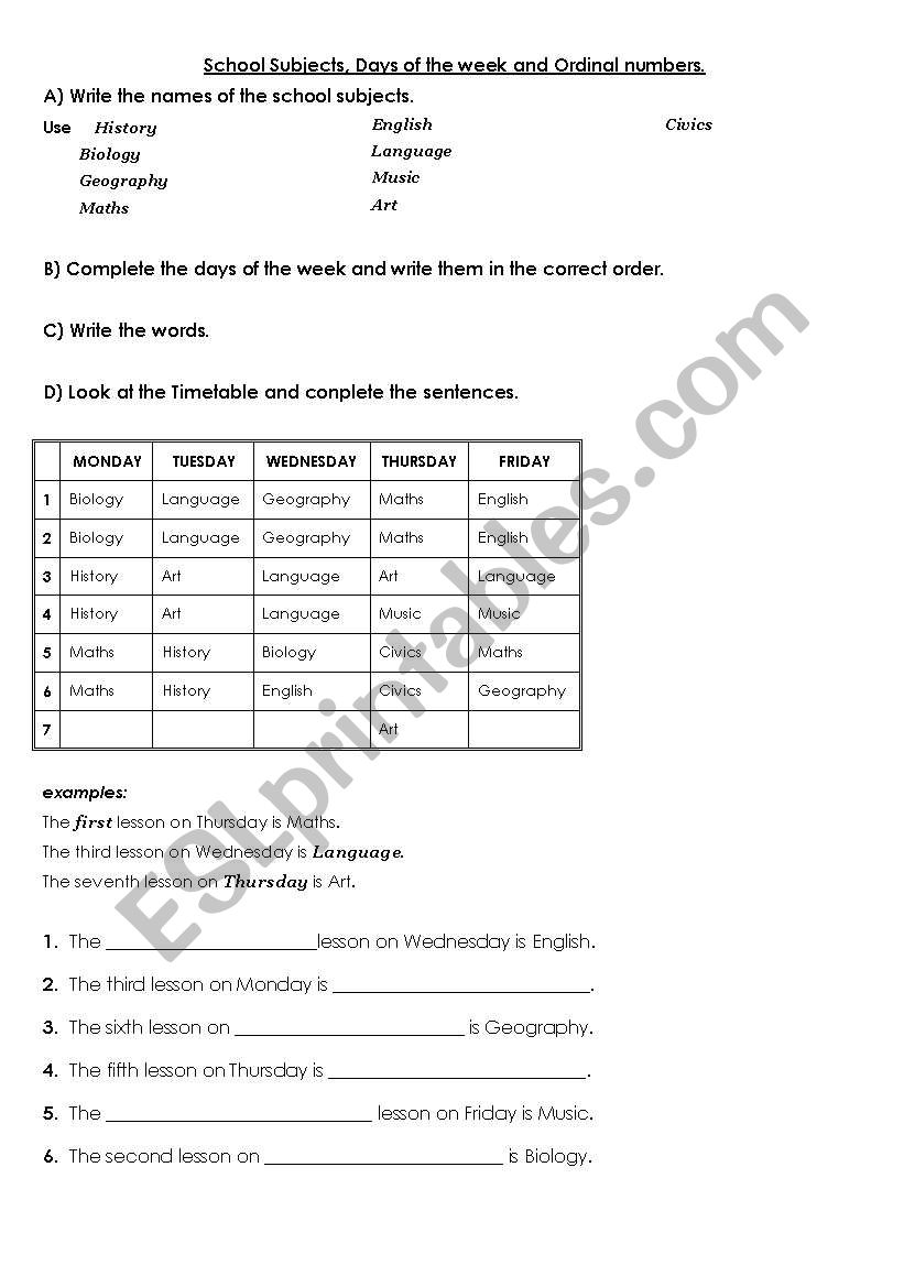 ordinal numbers, days of the week, school subjects