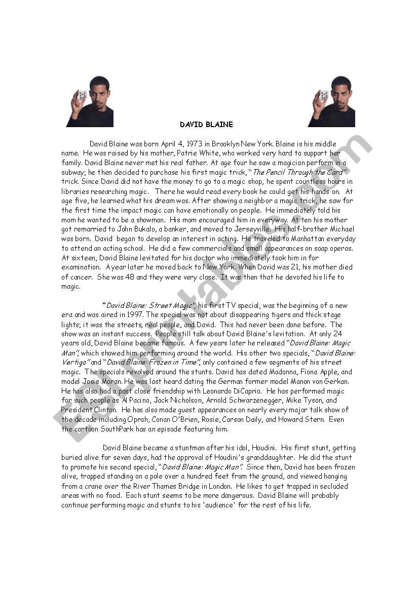 Magic David Blaine worksheet