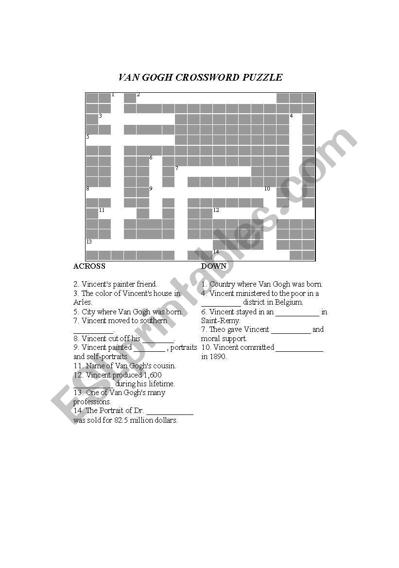  Artists Van Gogh crossword worksheet