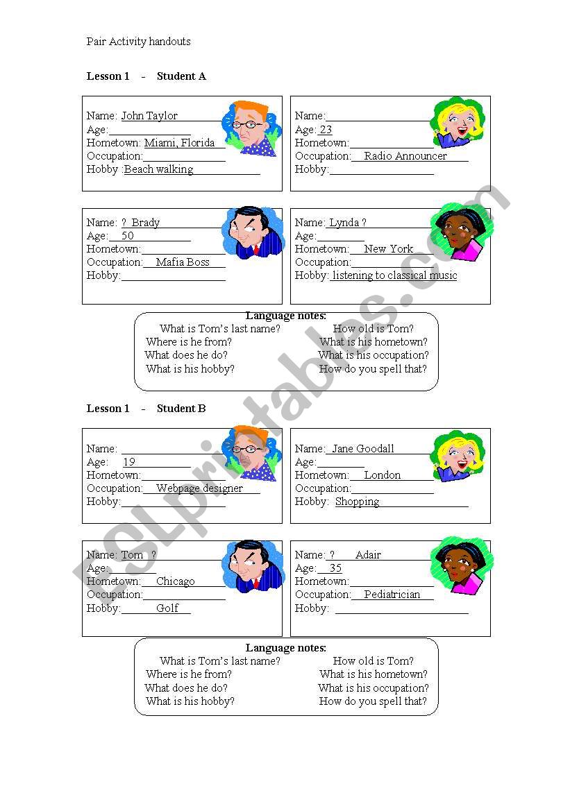 Getting Personal Information Pair Work Worksheet