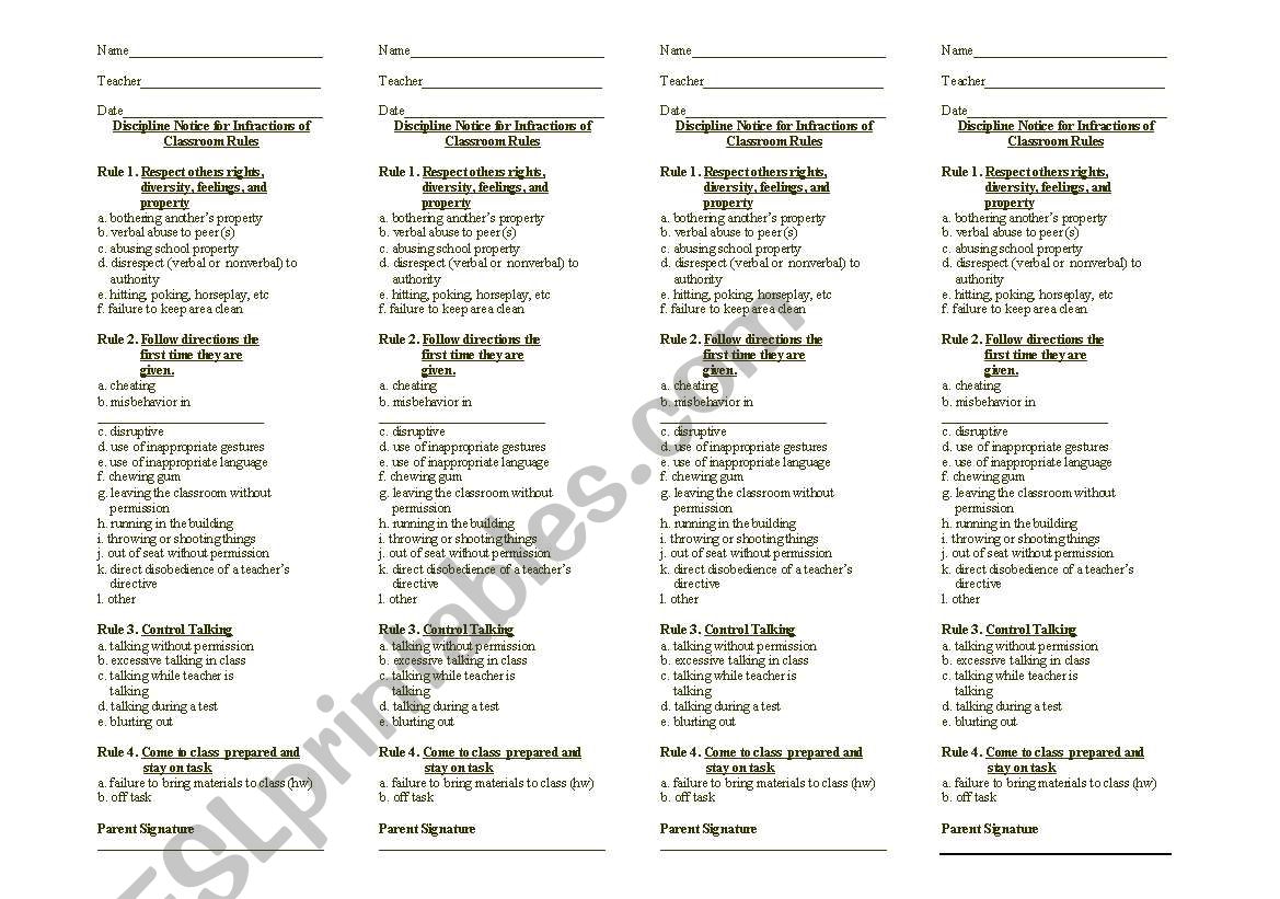 Classroom Behavior Slip worksheet