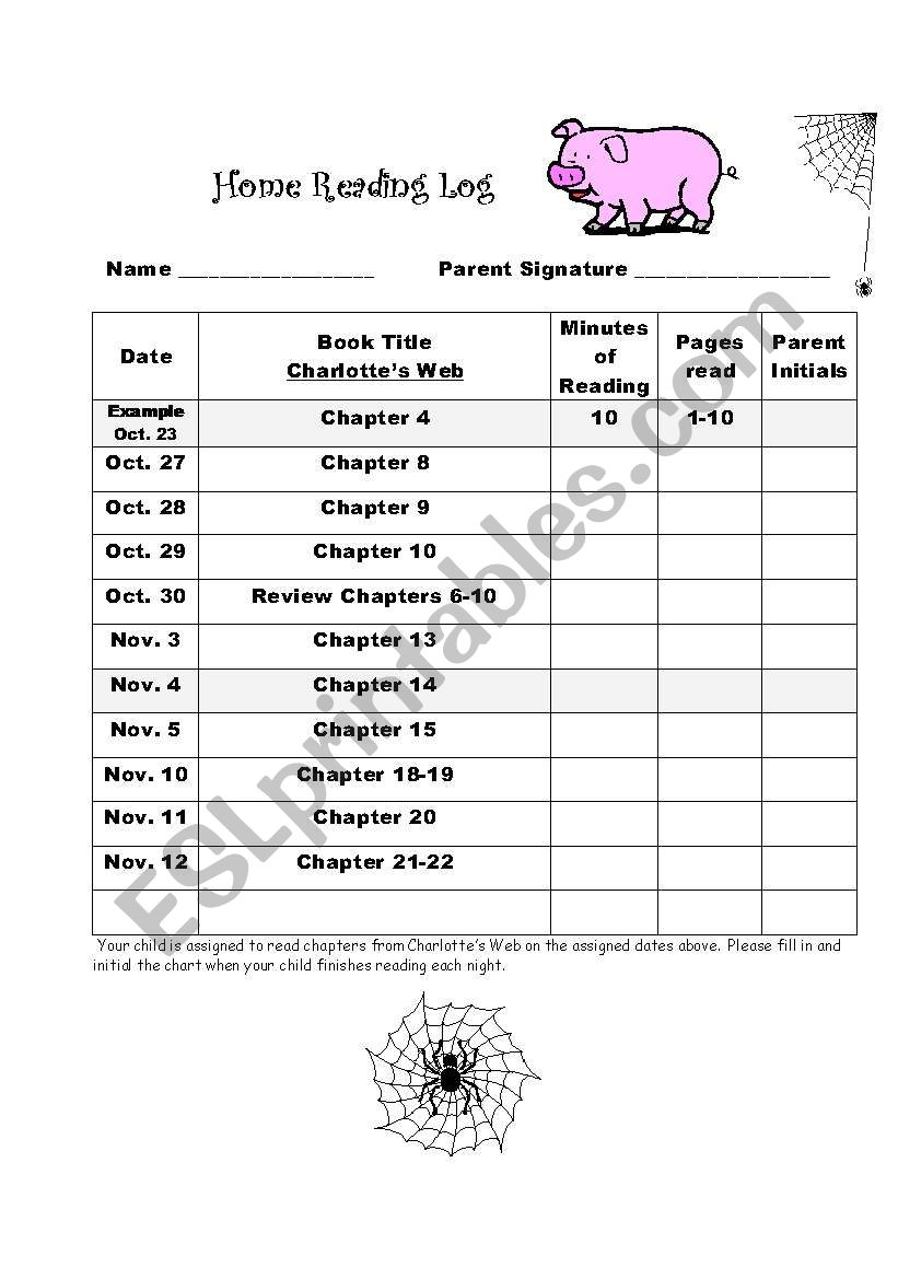 Charlottes Web Reading Log worksheet