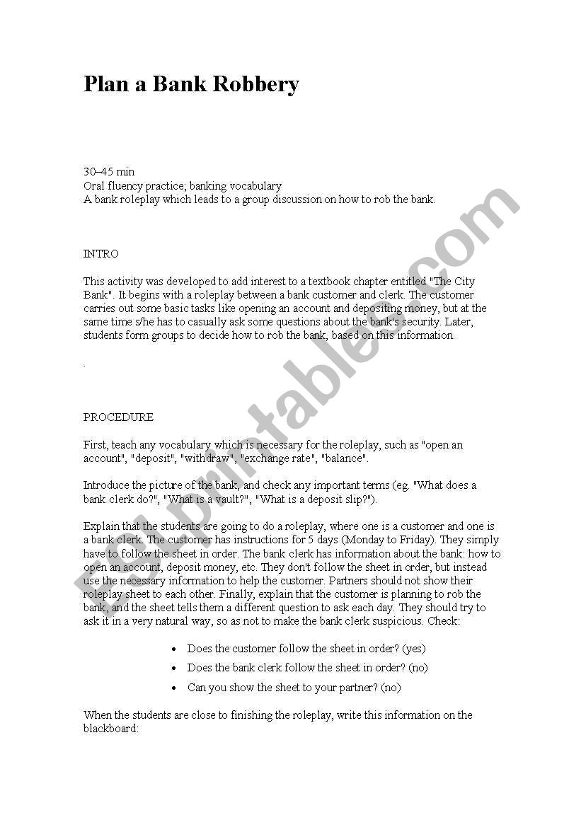 Plan a bank Heist worksheet