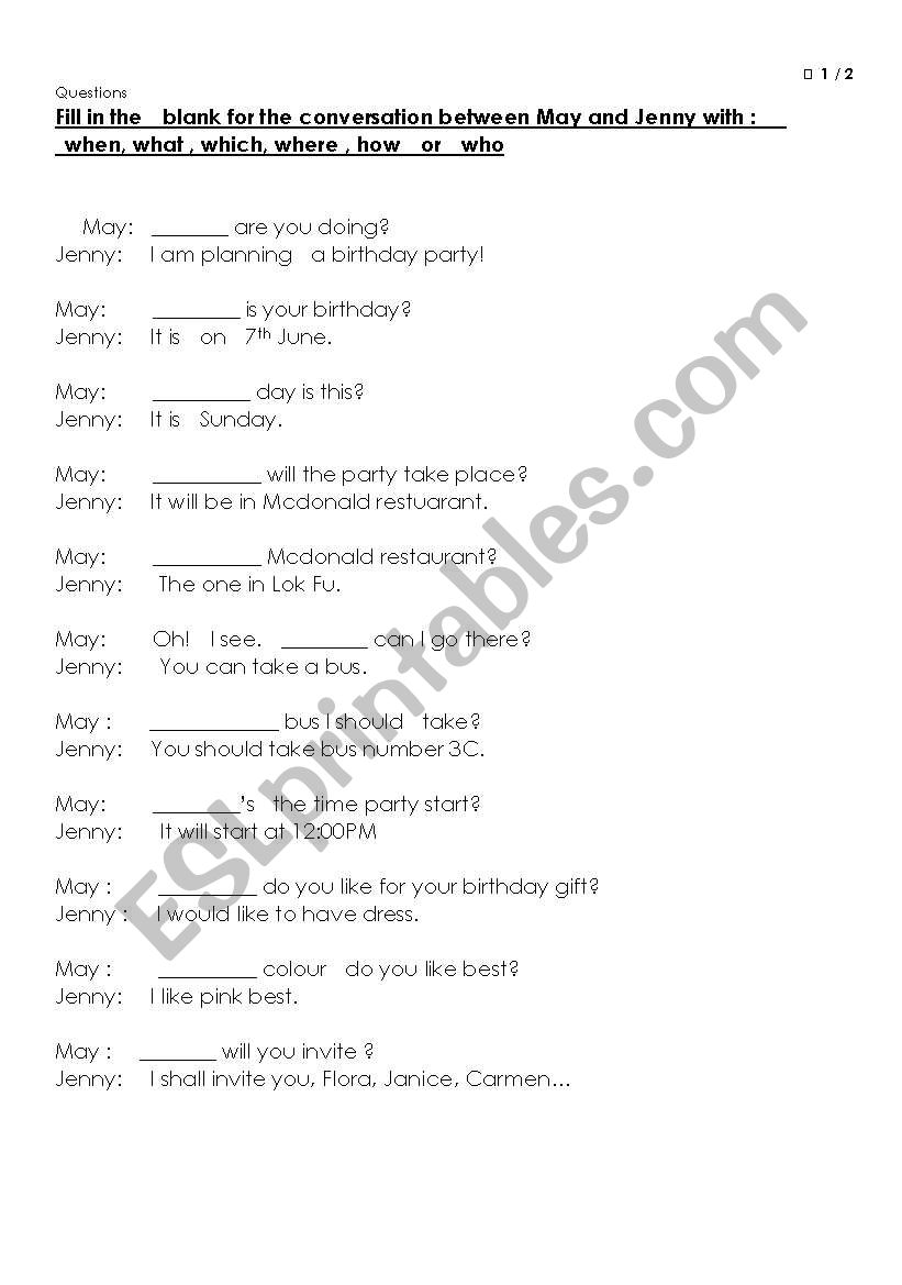 questions  worksheet