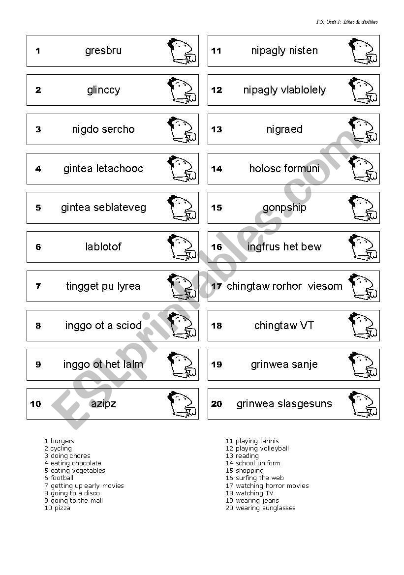 Likes and dislikes game worksheet