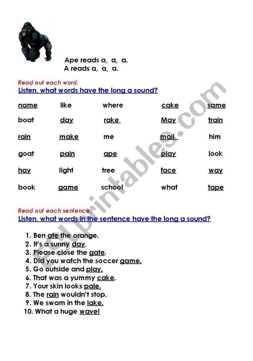 Long A sound listening/ reading sheet.