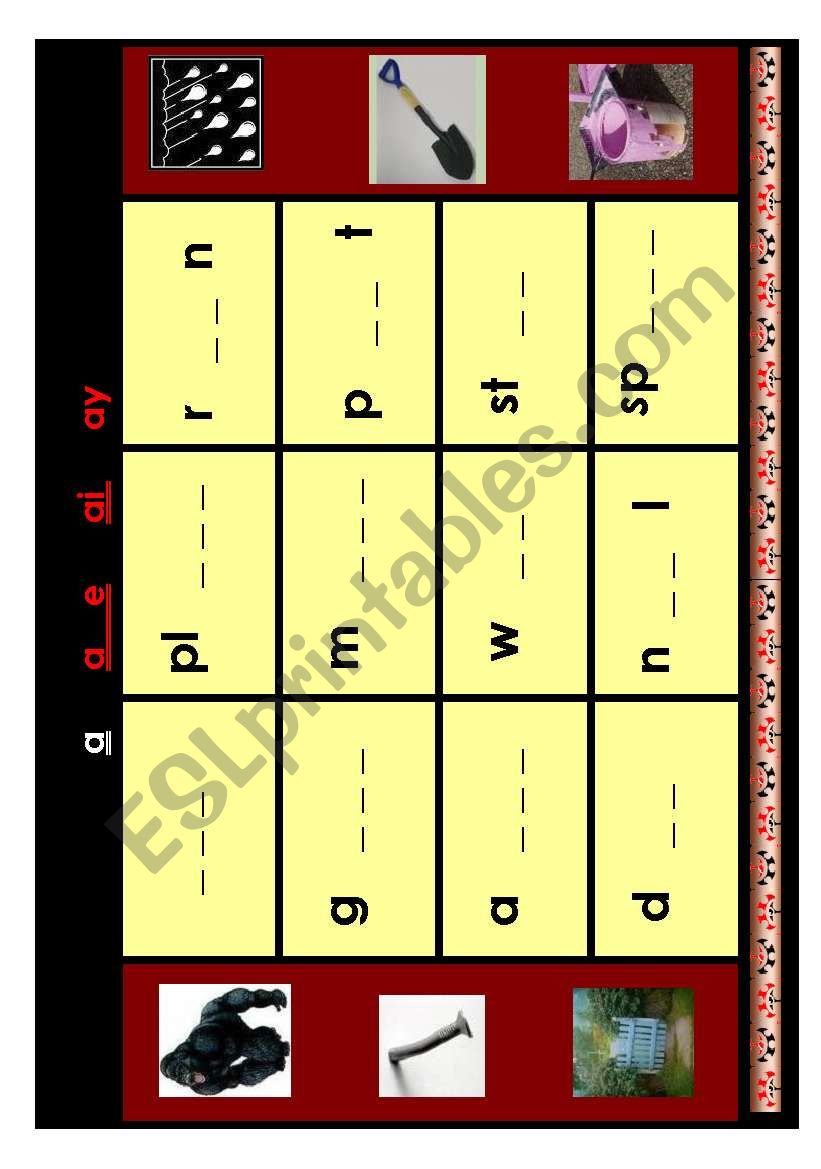 Long A sound bingo game worksheet