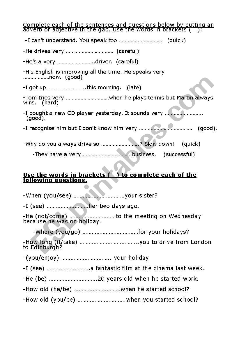 adverb  worksheet