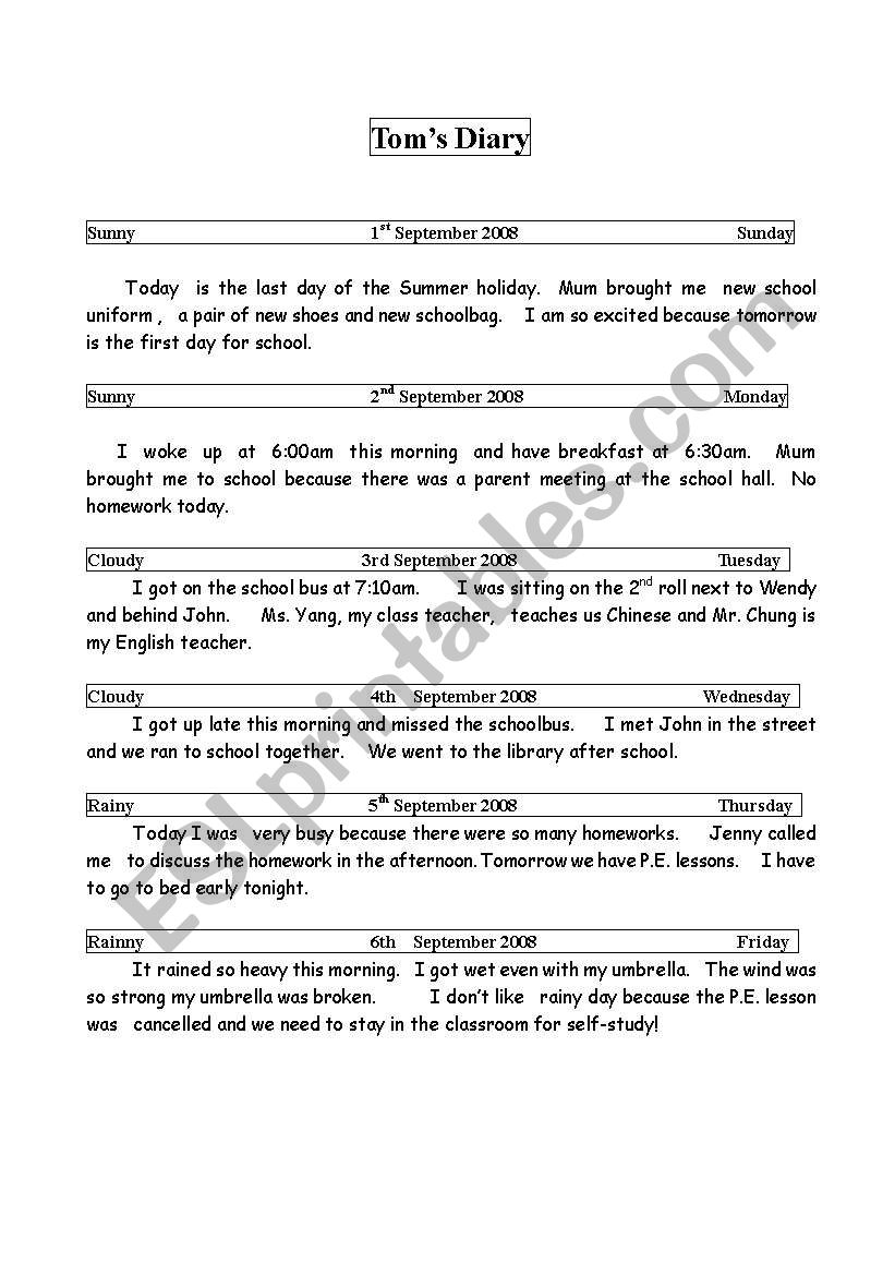 Comprehension about Diary worksheet