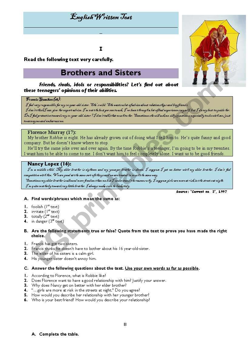 Test- Brothers and sisters. worksheet