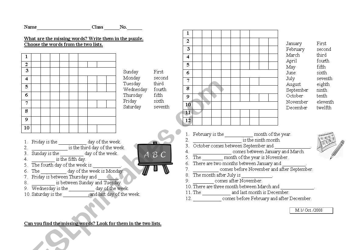 Ordinal numbers, days,and month