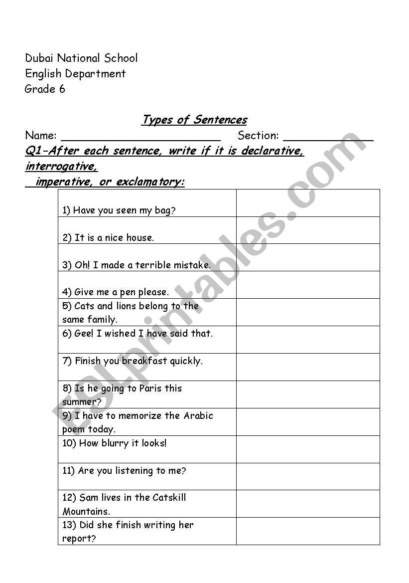 Types of sentences worksheet