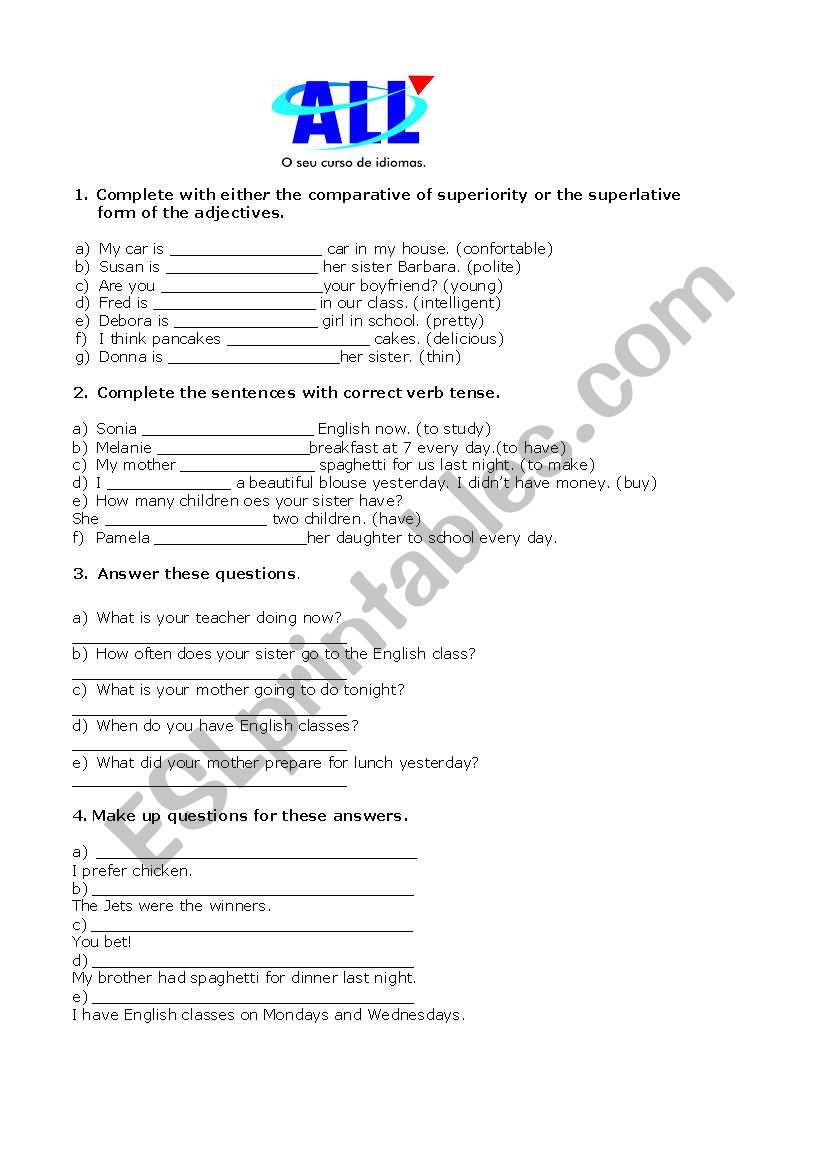 Intermediate Level Exercises worksheet