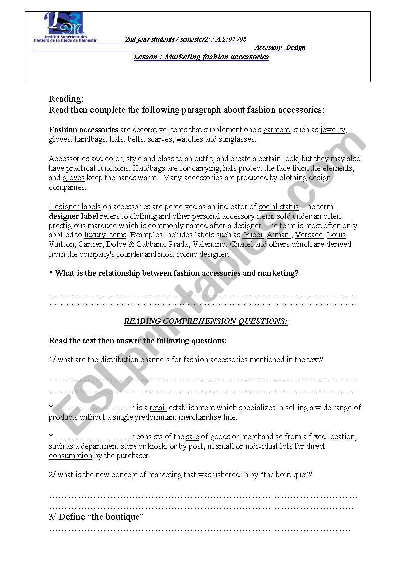 marketing fashion accessories worksheet