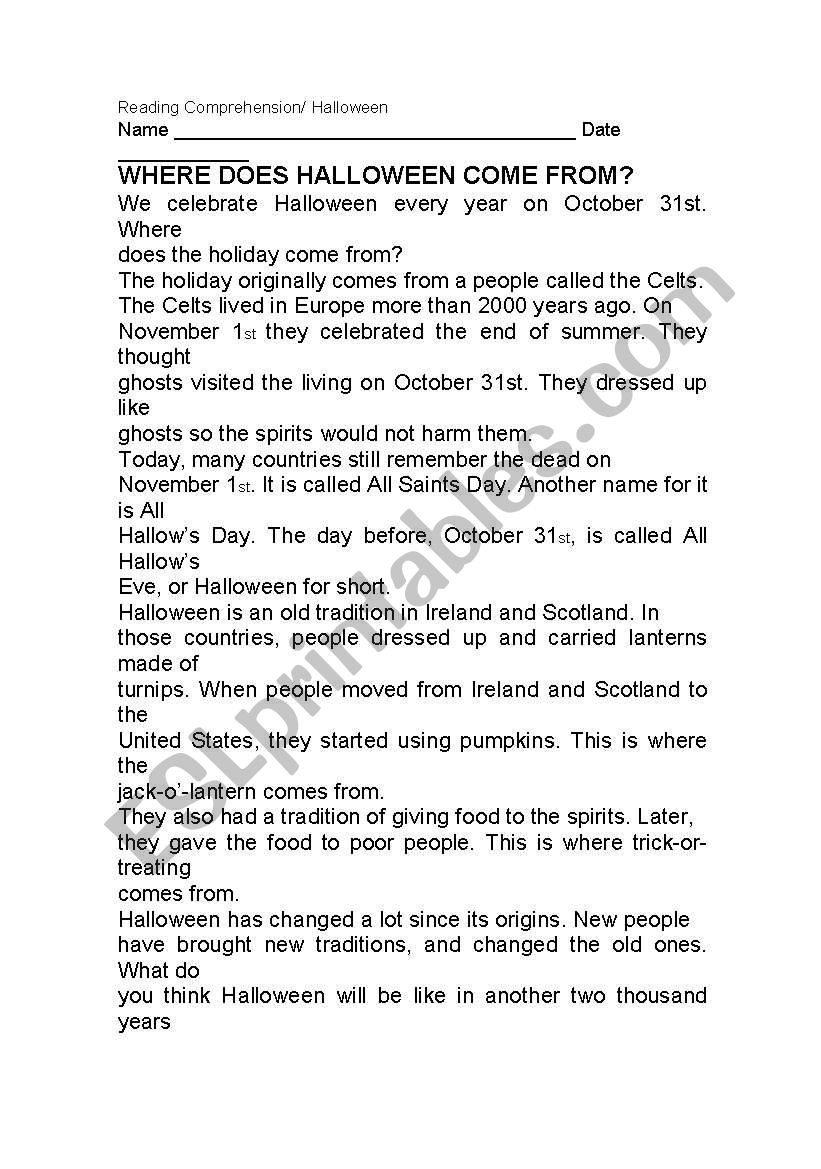 English worksheets where does halloween come from?
