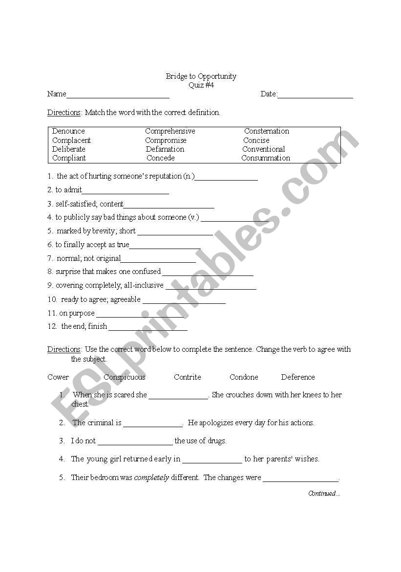 Academic Vocabulary Quiz #4 worksheet