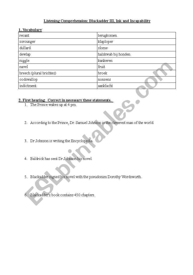 Blackadder III worksheet