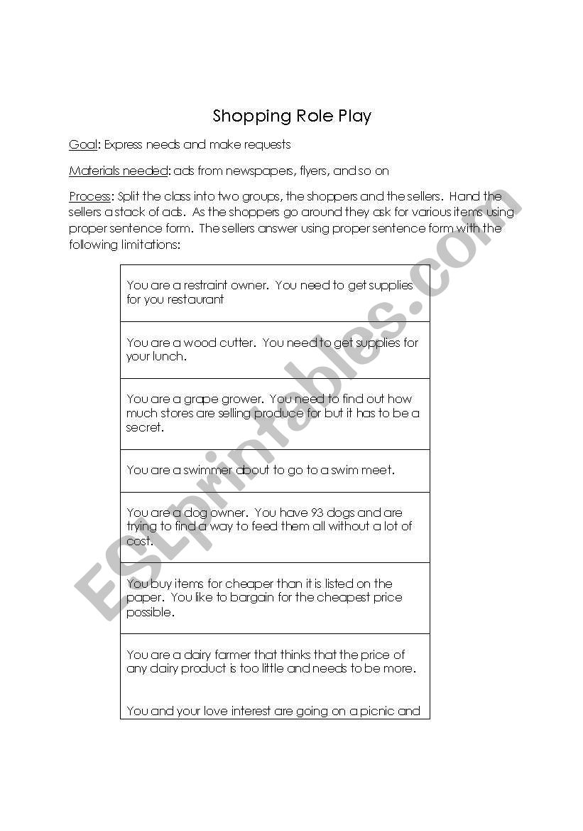 Role Play Shopping worksheet