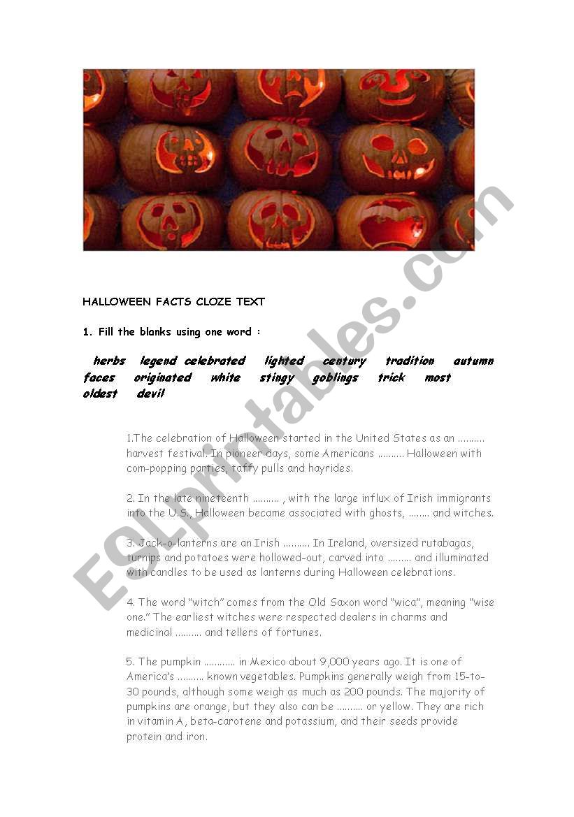 halloween facts cloze text worksheet