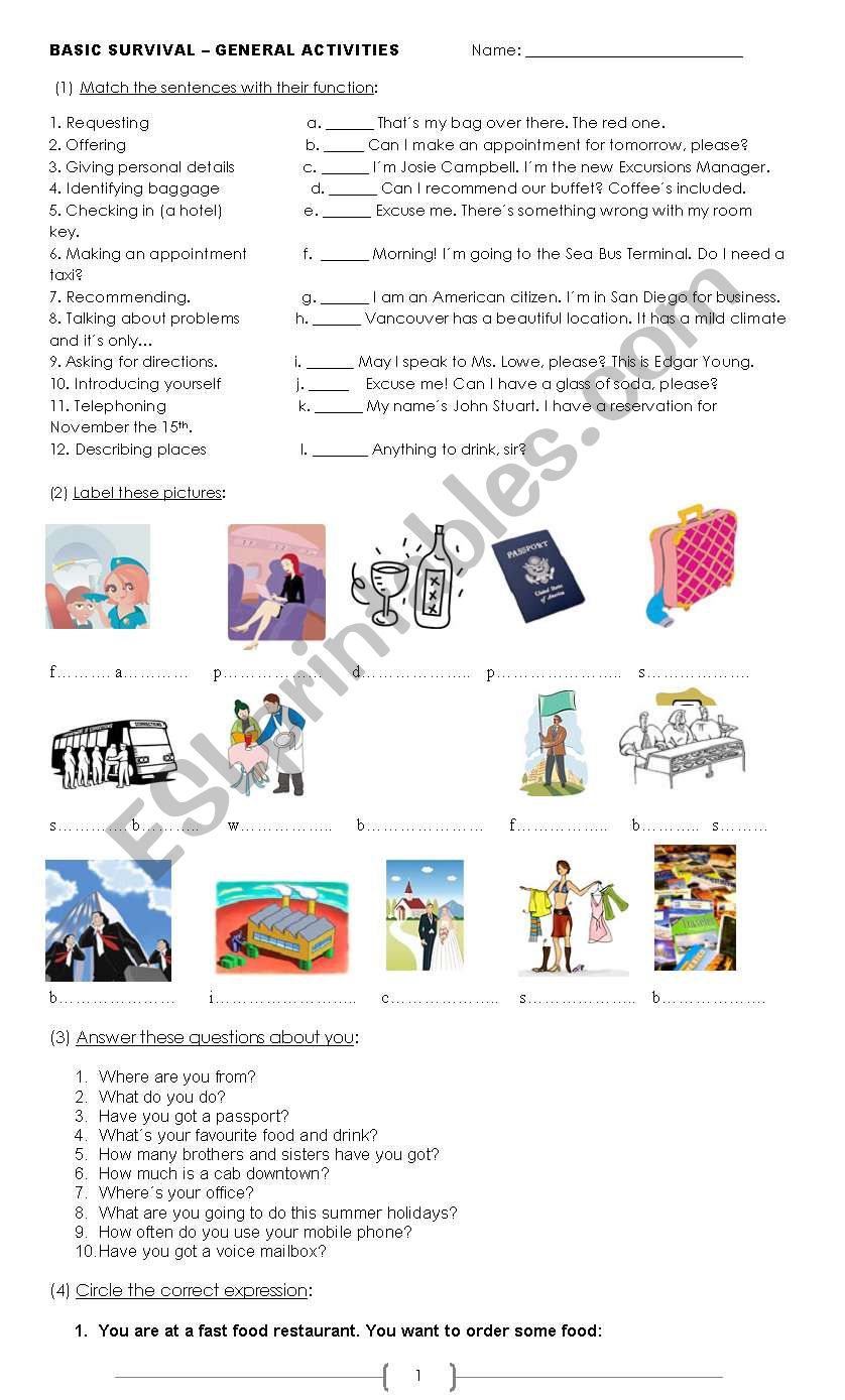 BASIC ENGLISH for travellers worksheet