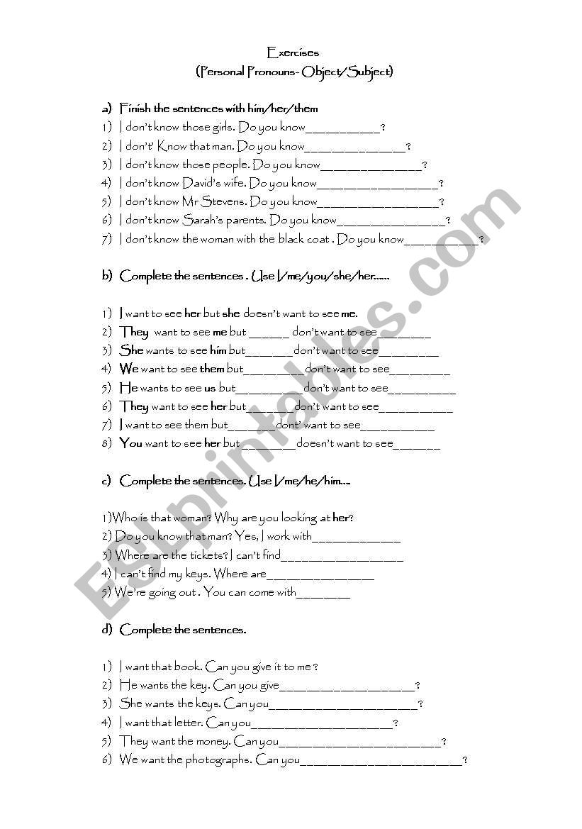 Personal and Object Pronouns worksheet