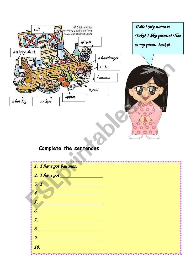 Yukis Picnic worksheet