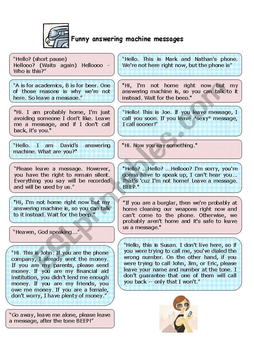 funny answering machine messages - ESL worksheet by shee
