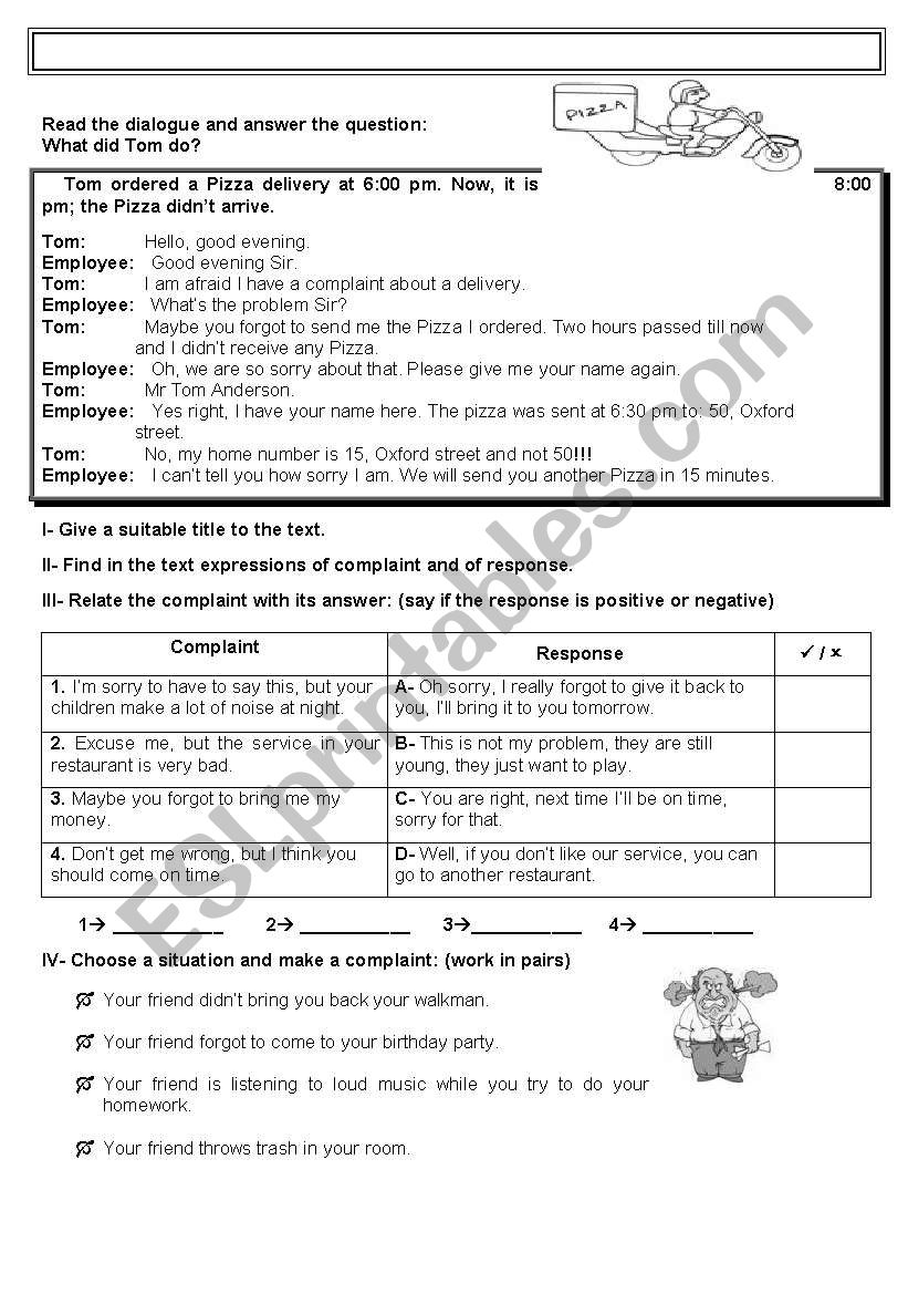 making a complaint  worksheet