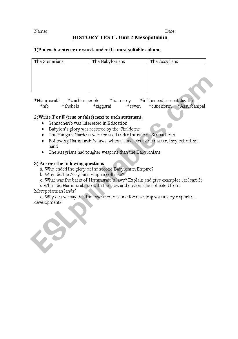 mesopotamia worksheet