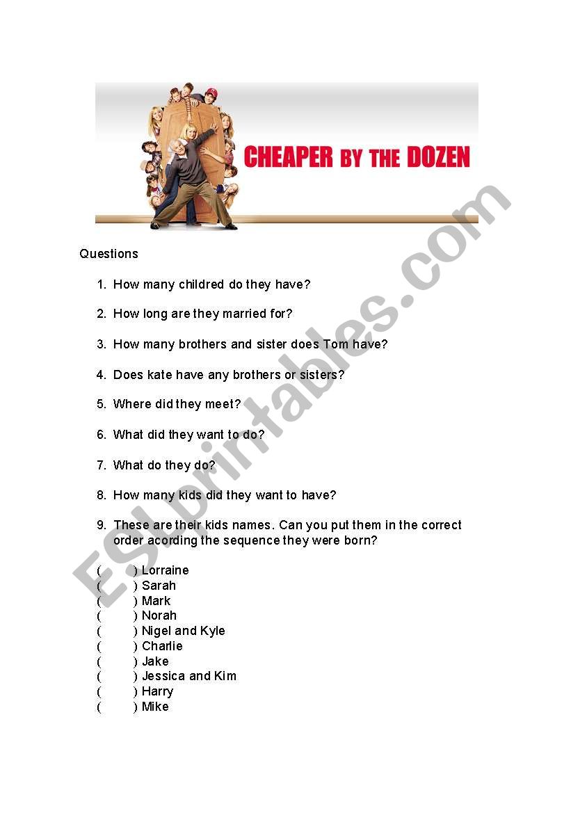 Cheaper by the dozen worksheet