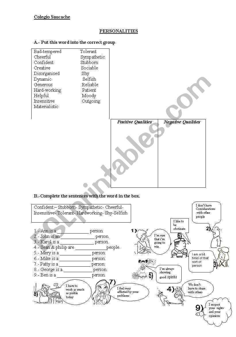 personalities worksheet