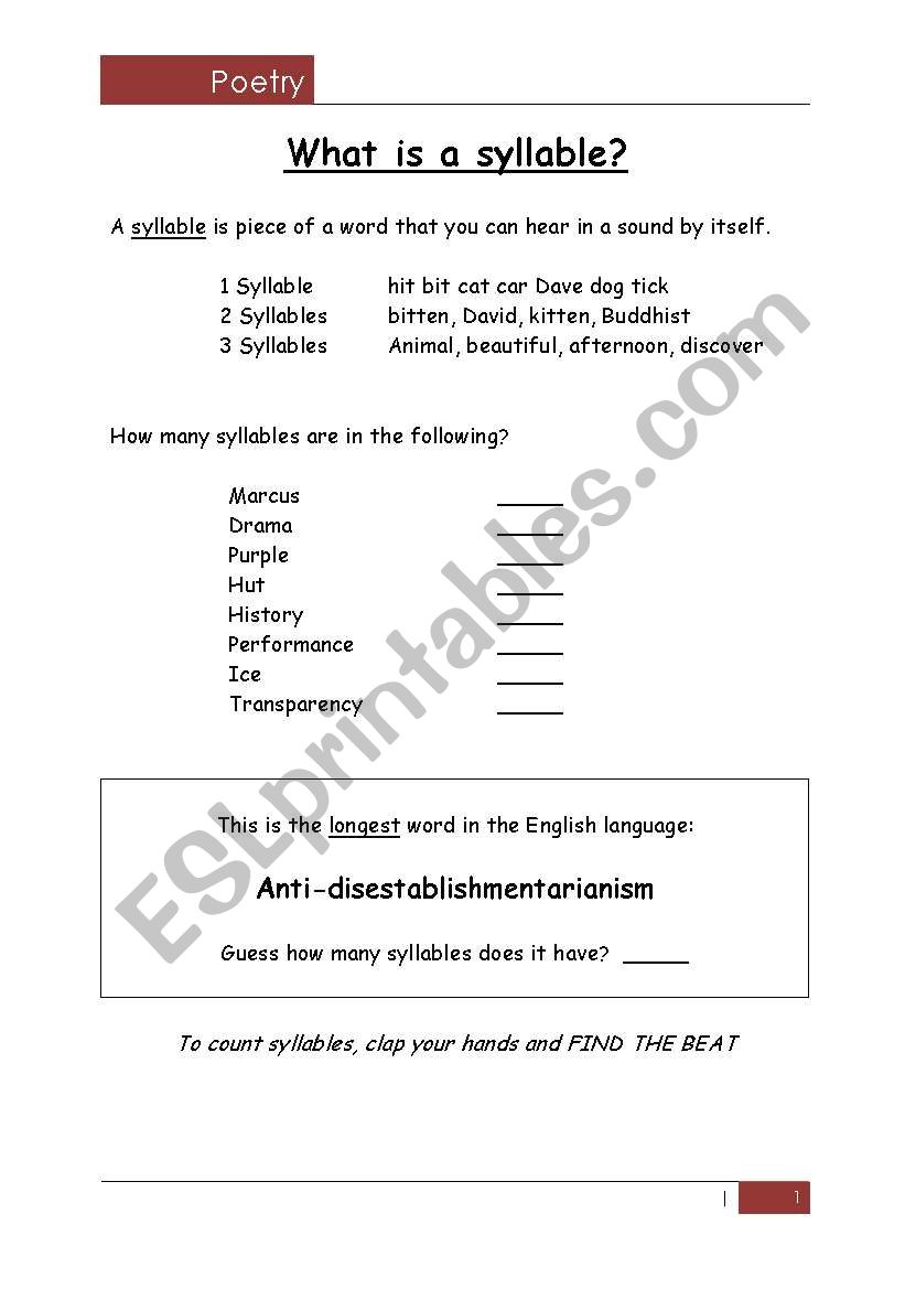 What is a syllable? worksheet