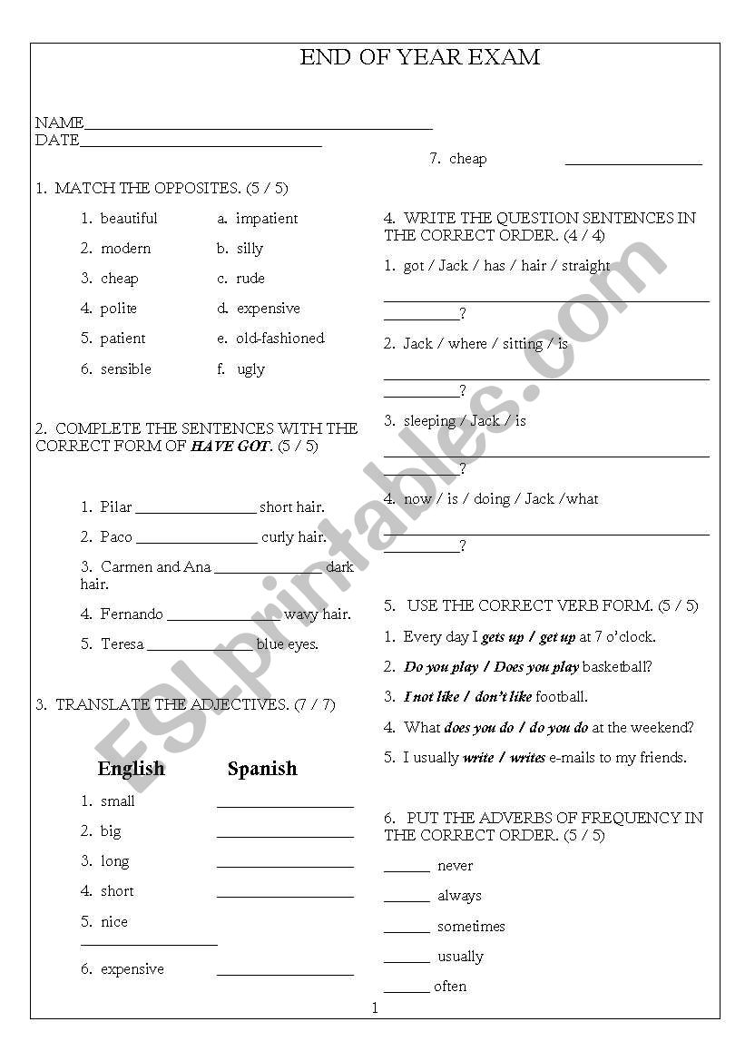 EOY Flyers Exam worksheet