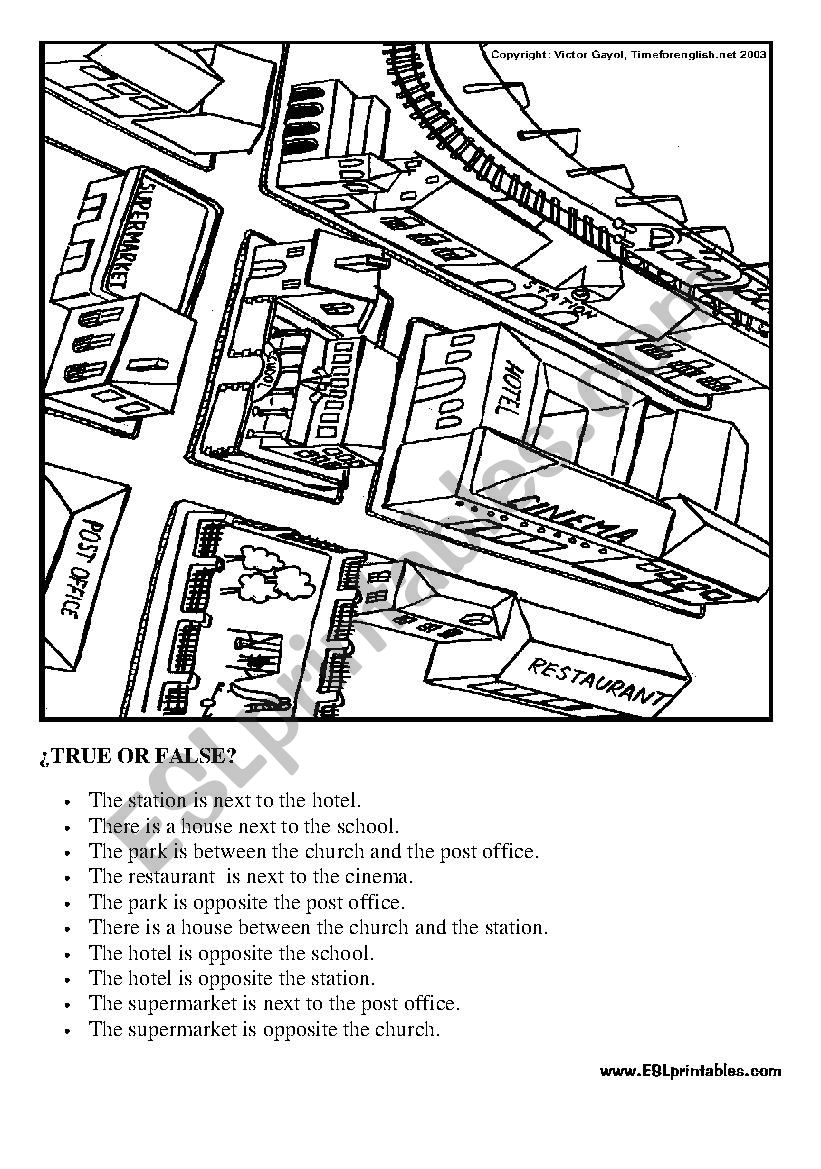 Prepositions in the city: true or false worksheet