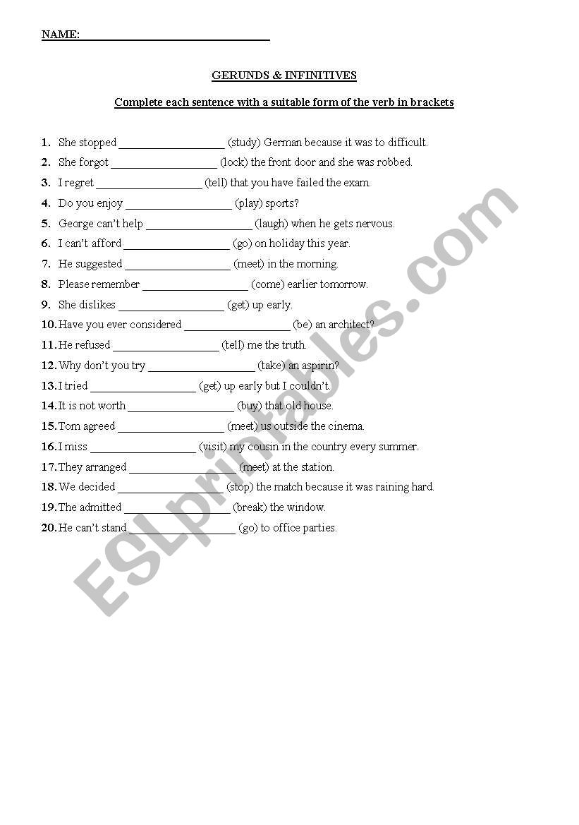 GERUNDS AND INFINITIVES worksheet