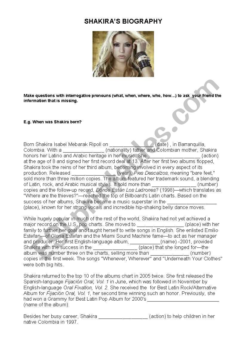 ShakiraÂ´s biography worksheet