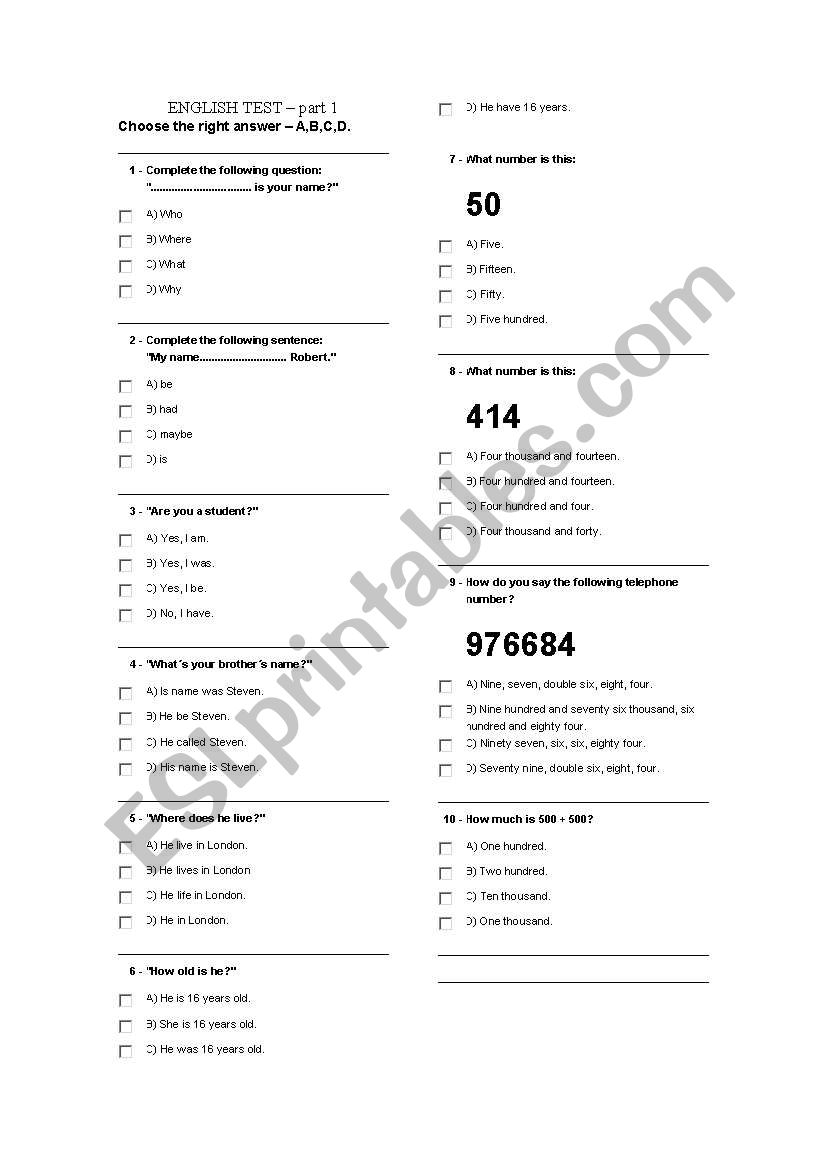 English test worksheet