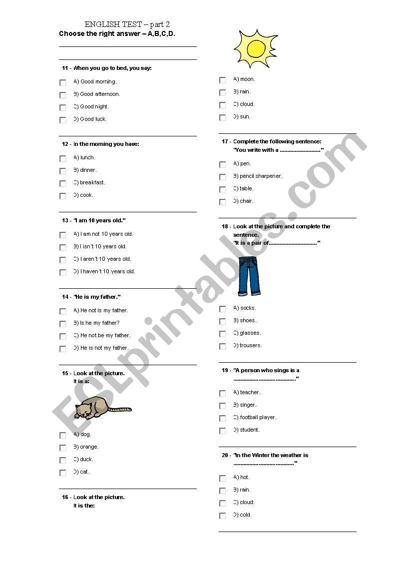 English test - part 2 worksheet